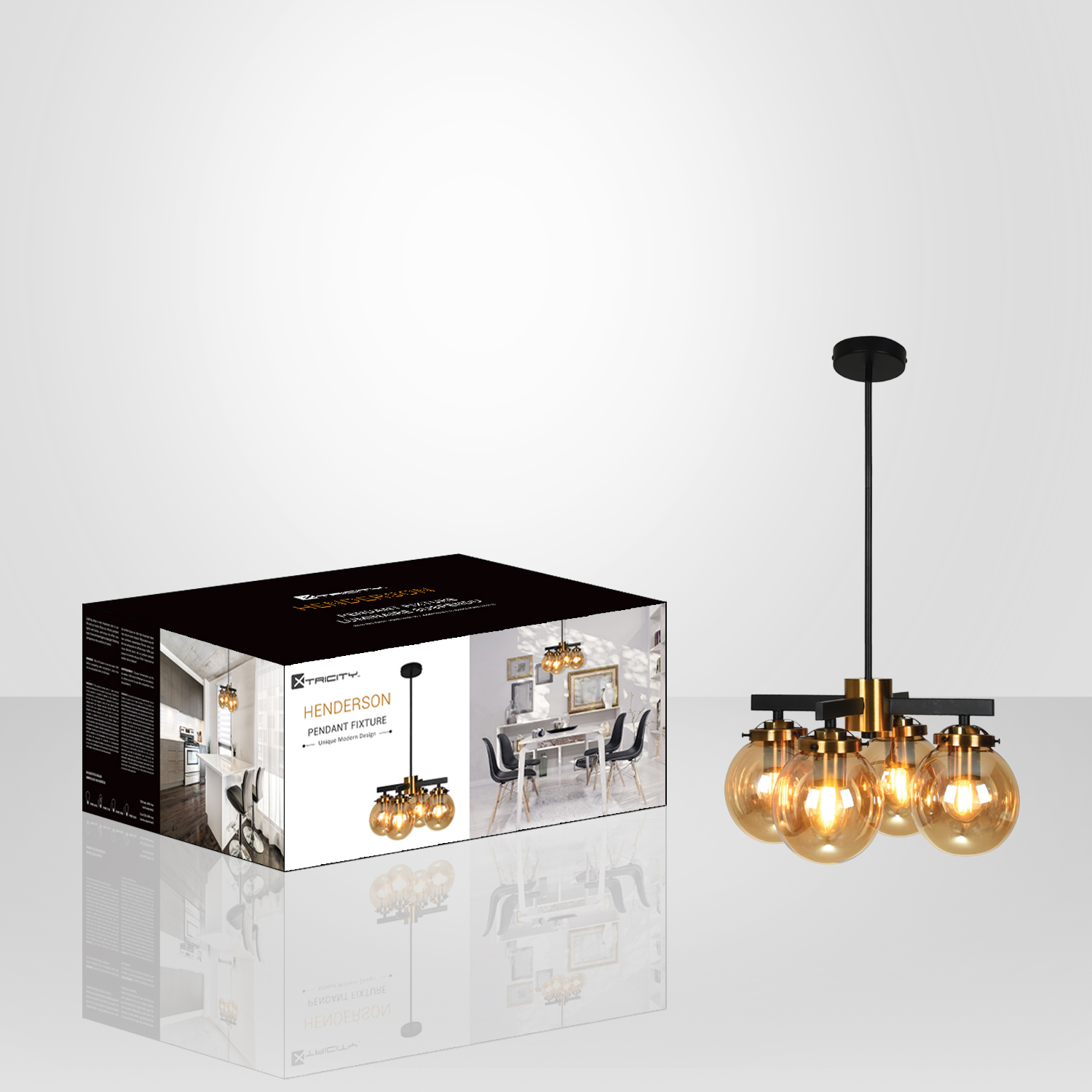 PENDANT FIXTURE 4 LIGHTS BLACK, GOLD & AMBER BRASS “HENDERSON” #5-90208 –  Jessar