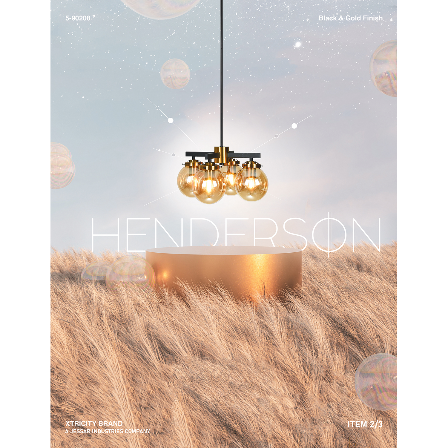PENDANT FIXTURE 4 LIGHTS BLACK, GOLD & AMBER BRASS “HENDERSON” #5